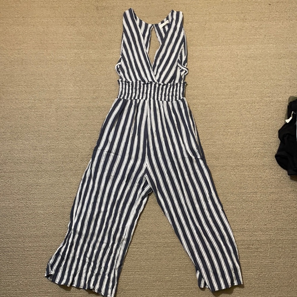 Blue and white stripped jump suit